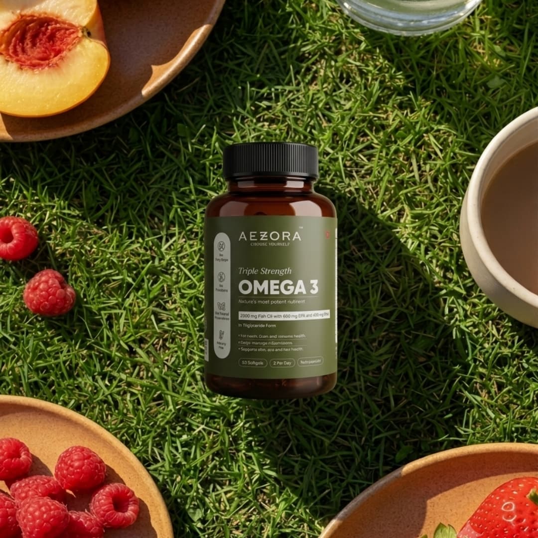 Aezora Triple Strength Omega-3 bottle on grass, styled with fresh fruit and coffee