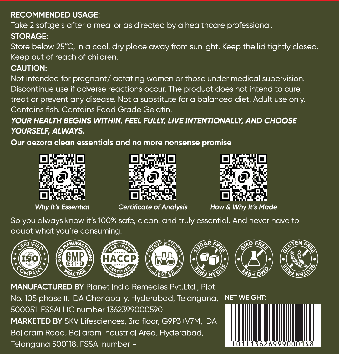 Recommended usage: 2 softgels after a meal. Storage and caution information, with QR codes to full lab reports and certificates of analysis